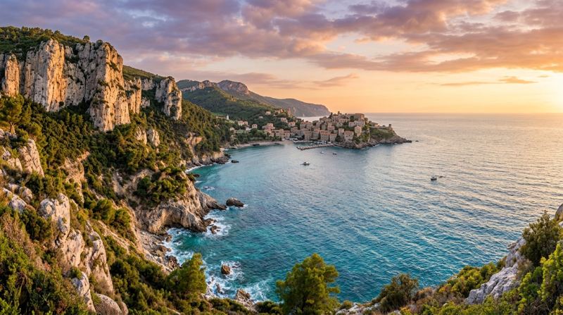 La baia e il borgo al tramonto