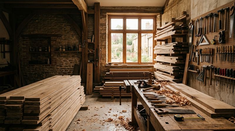 Il laboratorio con il banco da lavoro e le assi di legno