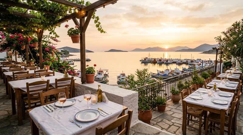 La terrazza del ristorante sul porto al tramonto