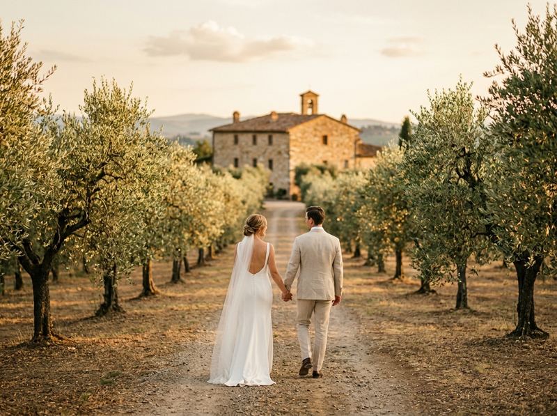 Sposi nel viale degli ulivi